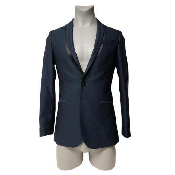 JF J. Ferrar blue iridescent one-button slim Tuxedo suit jacket